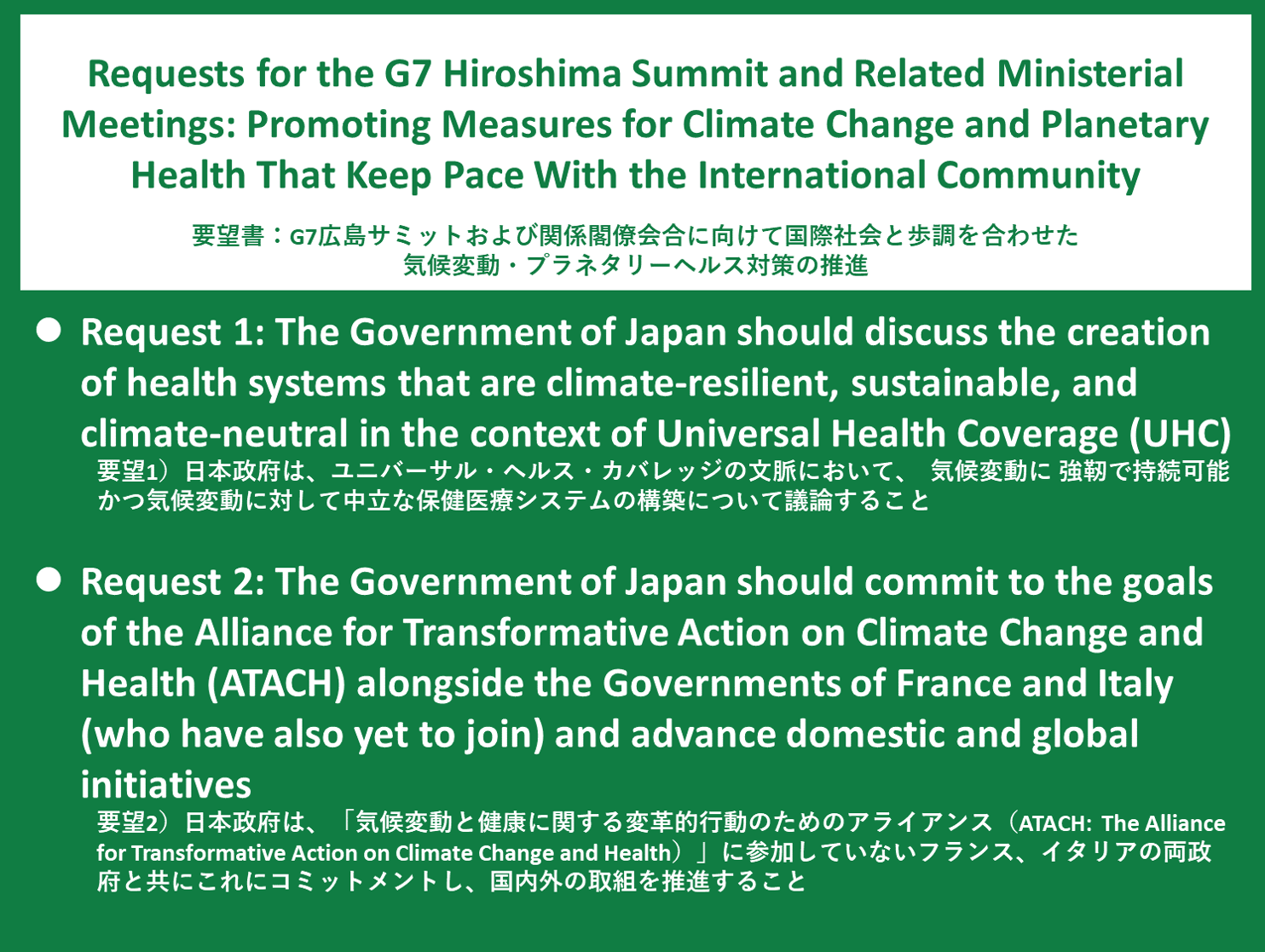 [Policy Recommendations] Requests for the G7 Hiroshima Summit and Related Ministerial Meetings: Promoting Measures for Climate Change and Planetary Health That Keep Pace With the International Community (December 19, 2022)