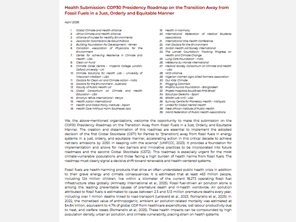 [Announcement] HGPI Endorsed “GCHA Health Submission: COP30 Presidency Roadmap on the Transition Away from Fossil Fuels in a Just, Orderly and Equitable Manner” (May 15, 2026)