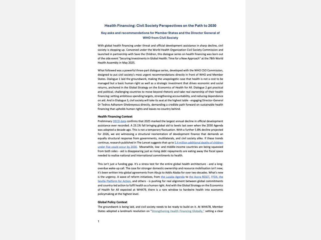 [Announcement] WHO CSC Recommendations on “Sustainable Health  Financing”: Publication and Endorsement (May 19, 2026)