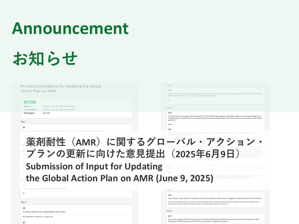 【パブリックコメント提出】薬剤耐性（AMR）に関するグローバル・アクション・プラン更新に向けた意見提出（2025年6月9日）